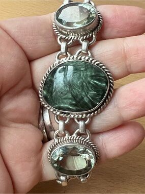 VINTAGE HUGE RUSSIAN SERAPHINITE PRASIOLITE GREEN AMETHYST 925STERLING BRACELET